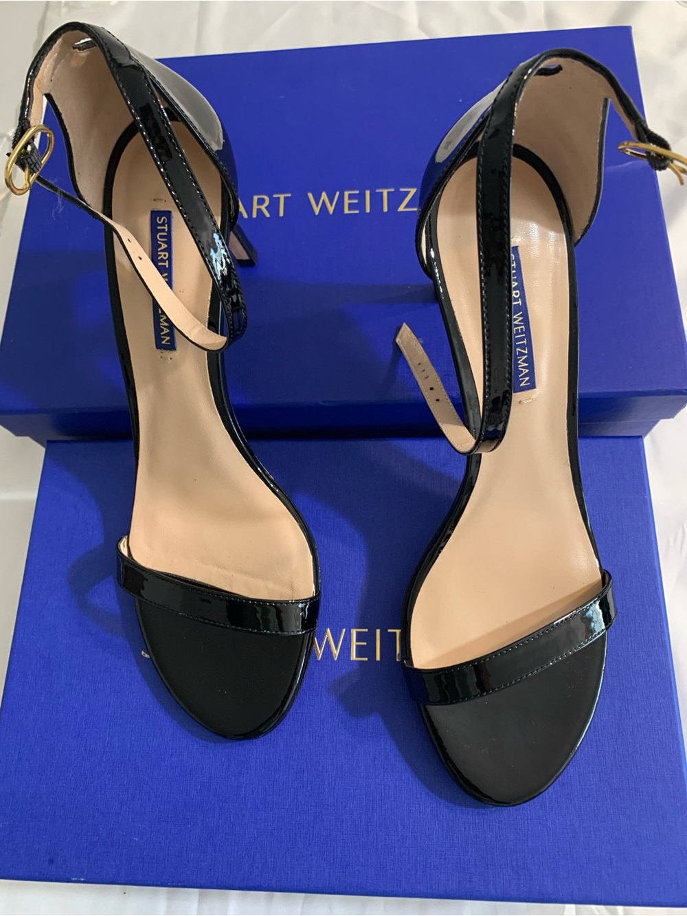 Stuart Weitzman Black Patent Ankle-Strap Heels